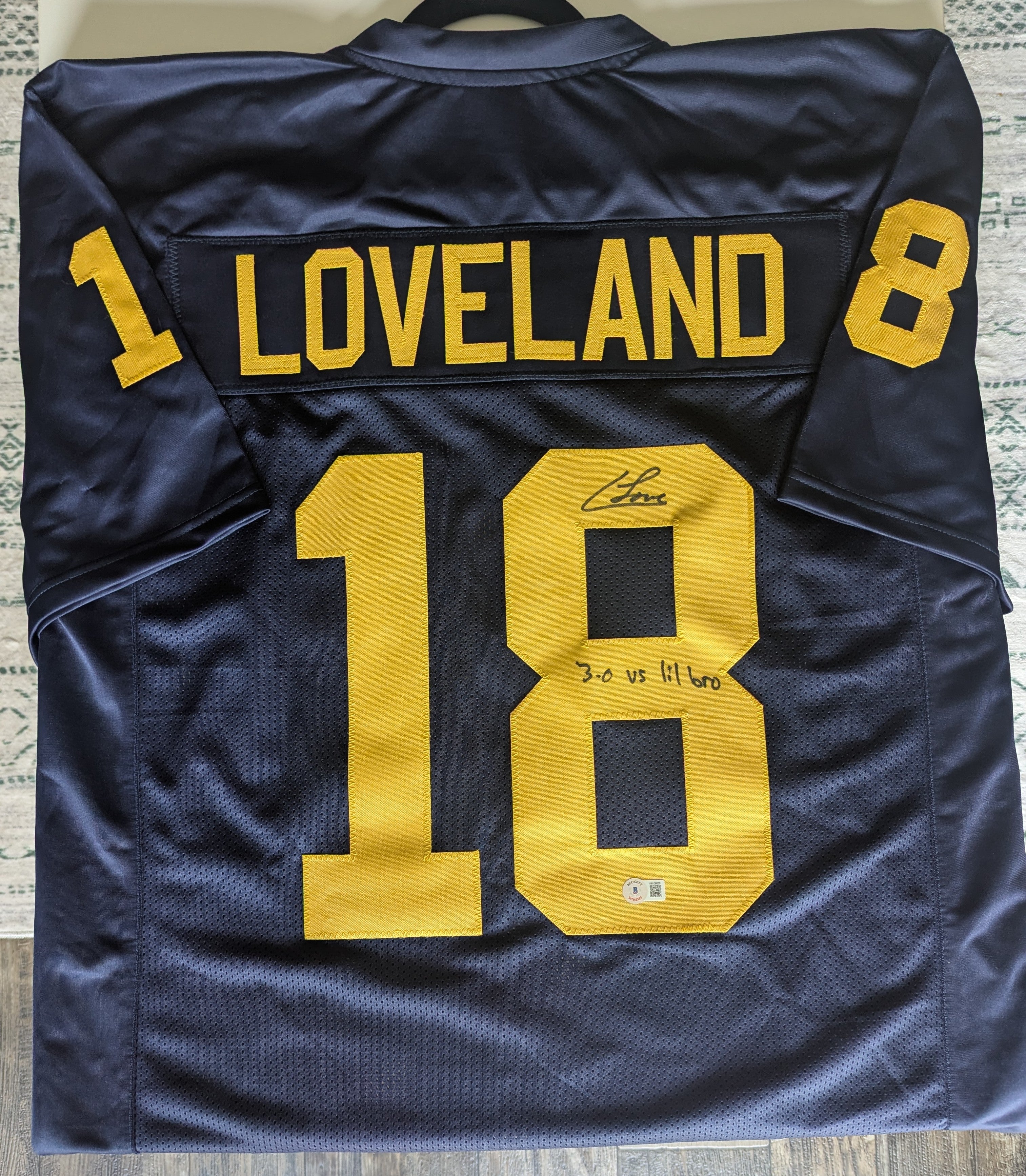 Colston Loveland - Signed Custom Jersey w/ "3-0 vs lil bro" inscription (Beckett)