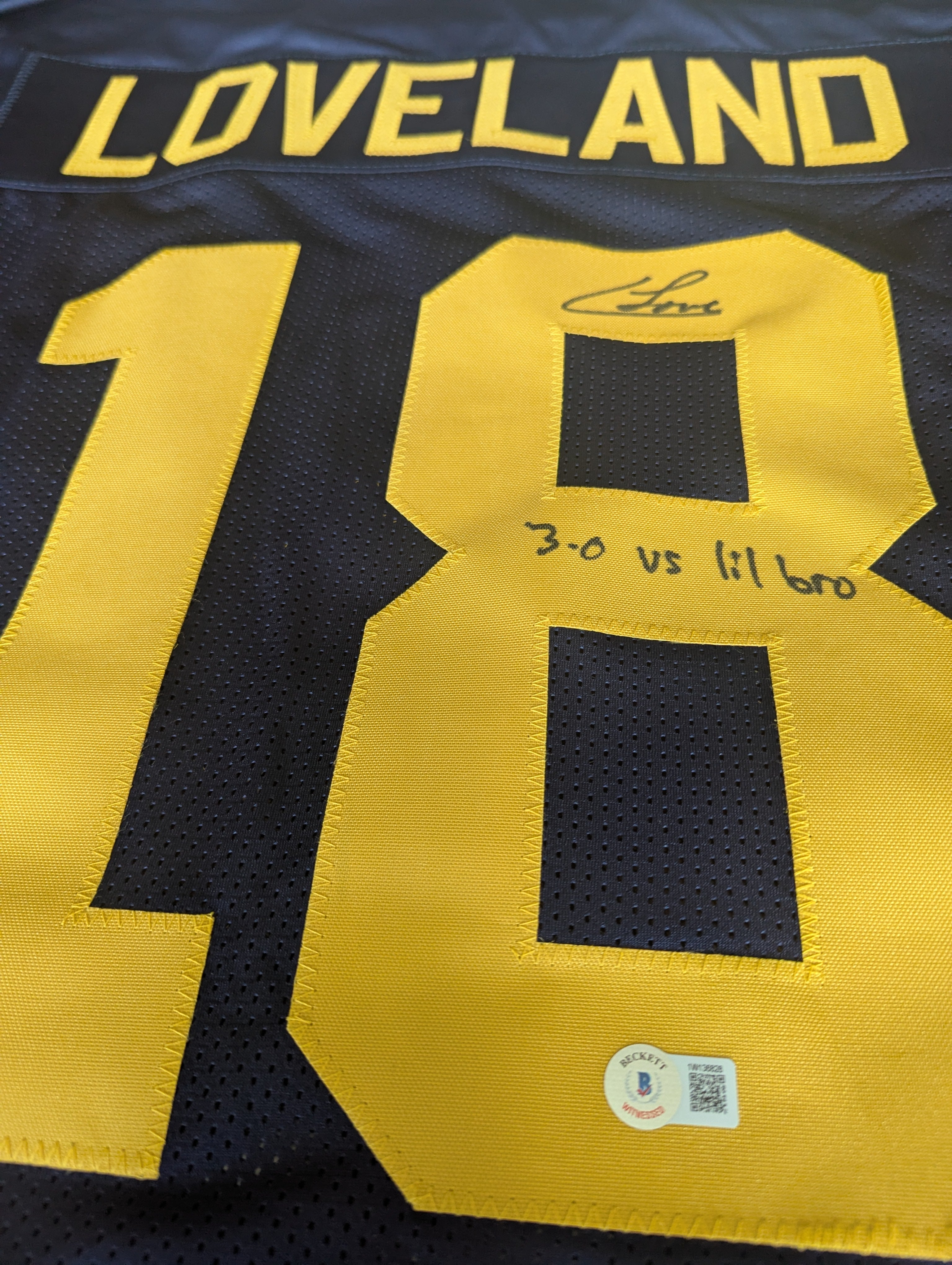 Colston Loveland - Signed Custom Jersey w/ "3-0 vs lil bro" inscription (Beckett)